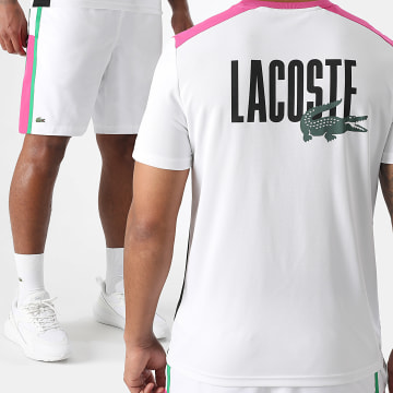 Lacoste - Ensemble Tee Shirt Regular Fit Short Jogging Diamanté Logo Brodé Crocodile Blanc Rose